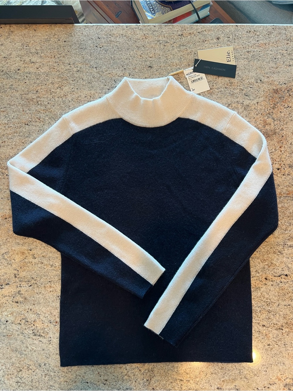 Elie Tahari 100% Cashmere Navy & White Mock Neck Sweater
